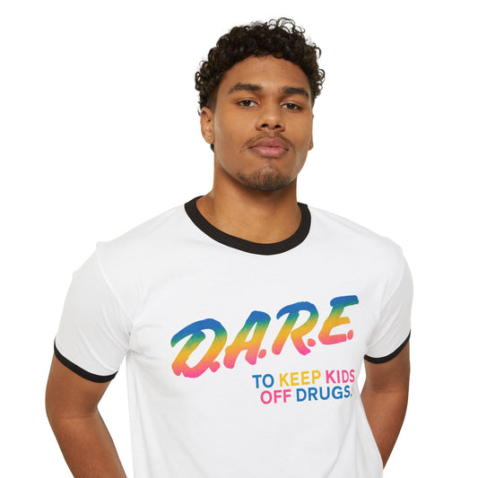 Colorful Retro D.A.R.E. Ringer Tee, Vintage 90s Neon DARE Logo Keep Kids Off Drugs Tee